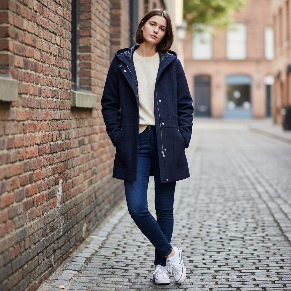 GUESS Los Angeles Women’s Wool Blend Hooded Pea Coat Navy Large - Picture 5 of 14